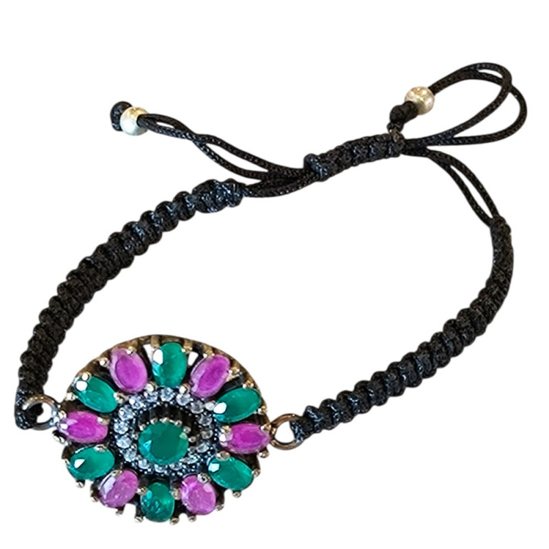 Bracelet en argent, pierres et lanière en tissu. 3 couleurs disponibles