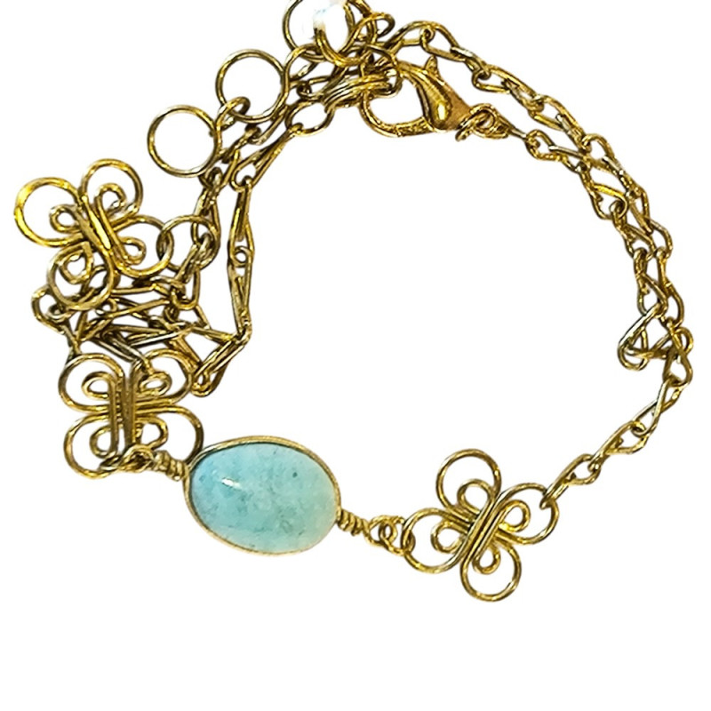 Bracelet en argent, pierres et lanière en tissu. 3 couleurs disponibles