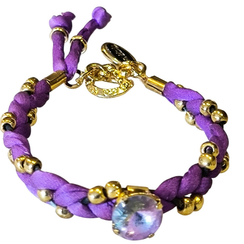 Bracelet en argent, pierres et lanière en tissu. 3 couleurs disponibles