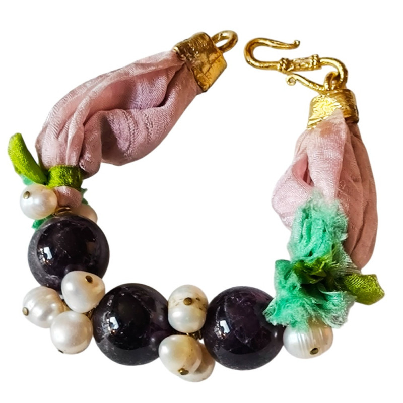 Bracelet en argent, pierres et lanière en tissu. 3 couleurs disponibles