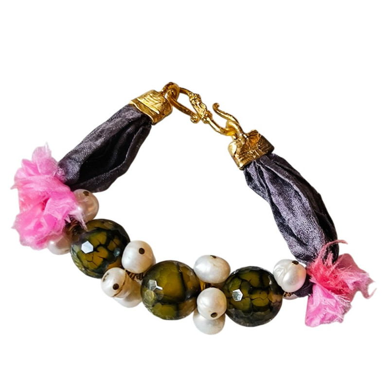 Bracelet en argent, pierres et lanière en tissu. 3 couleurs disponibles