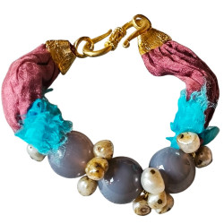 Bracelet en argent, pierres et lanière en tissu. 3 couleurs disponibles