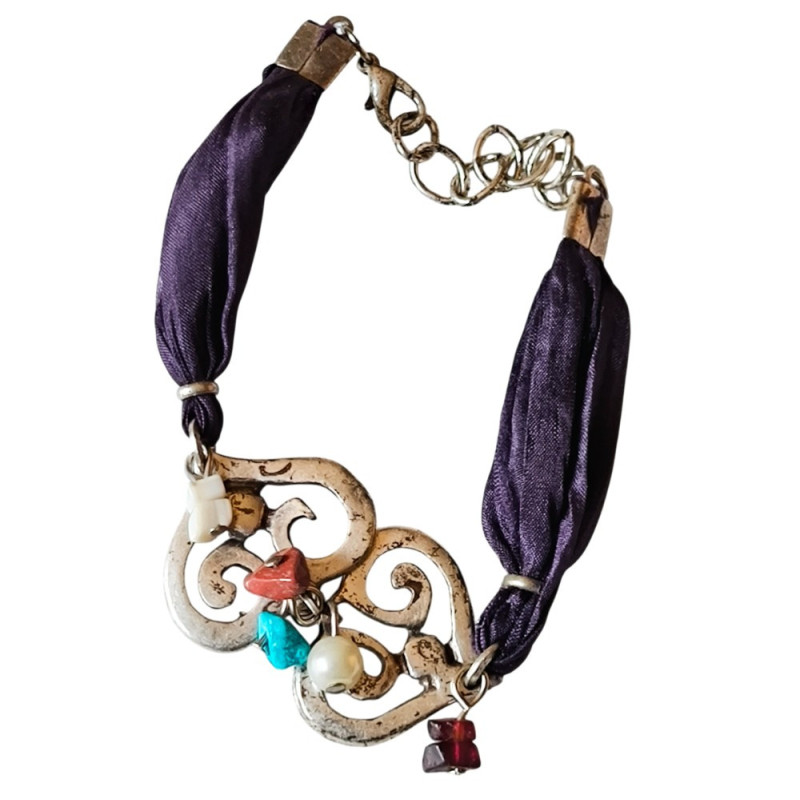 Bracelet en argent, pierres et lanière en tissu. 3 couleurs disponibles