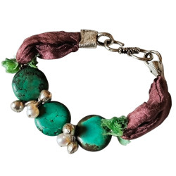 Bracelet en argent, pierres et lanière en tissu. 3 couleurs disponibles