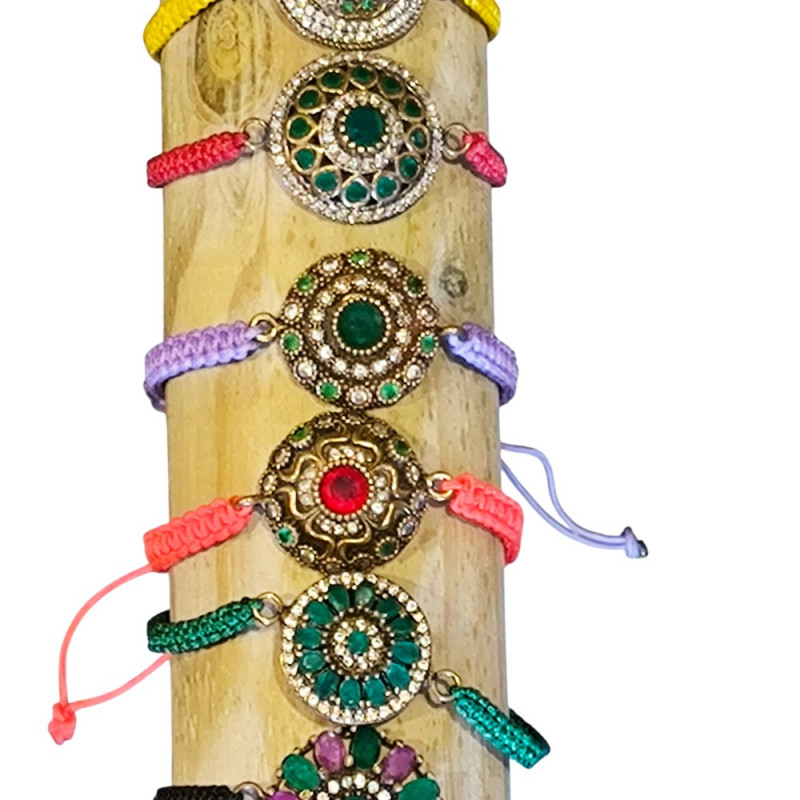 Bracelet en argent, pierres et lanière en tissu. 3 couleurs disponibles