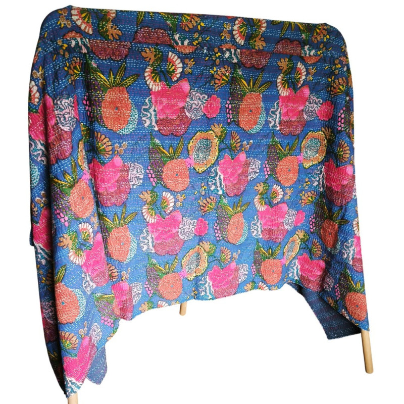 Plaid en coton vintage à décor floral coloré – Jeté de lit bohème