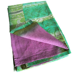 Dessus de Lit Patchwork en Coton Ancien vert et rose délavé, unique