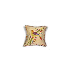 Coussin laine brodé artisanal oiseau tropical sur sa branche en fleur